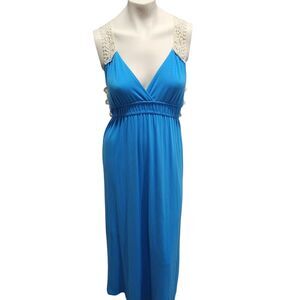 Poof Blue V Neck Maxi Dress Crochet Back Detail Summer Vacation Beach Empire Med
